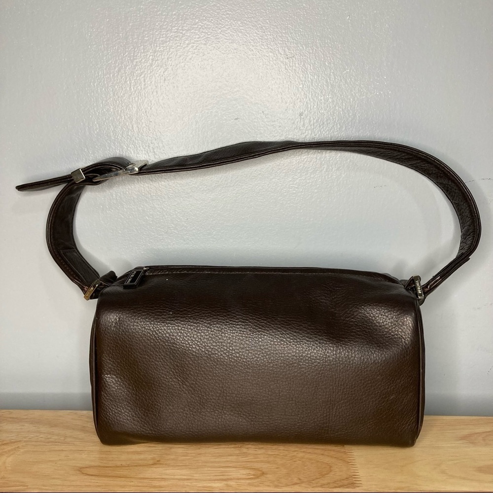 Perlina, Chocolate Brown Baguette Purse Top Handle, Shoulder Bag, Buckle Strap